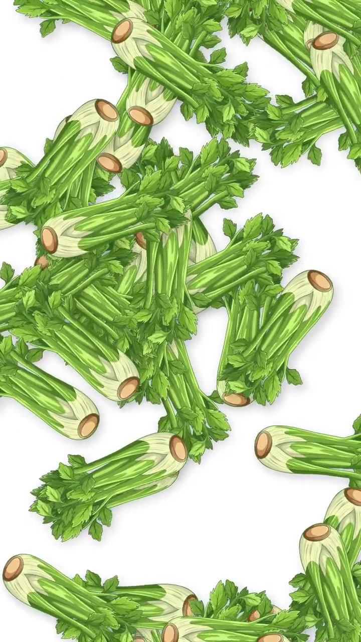 Green celery stalks fall through frame in a seamless loop against a white background.