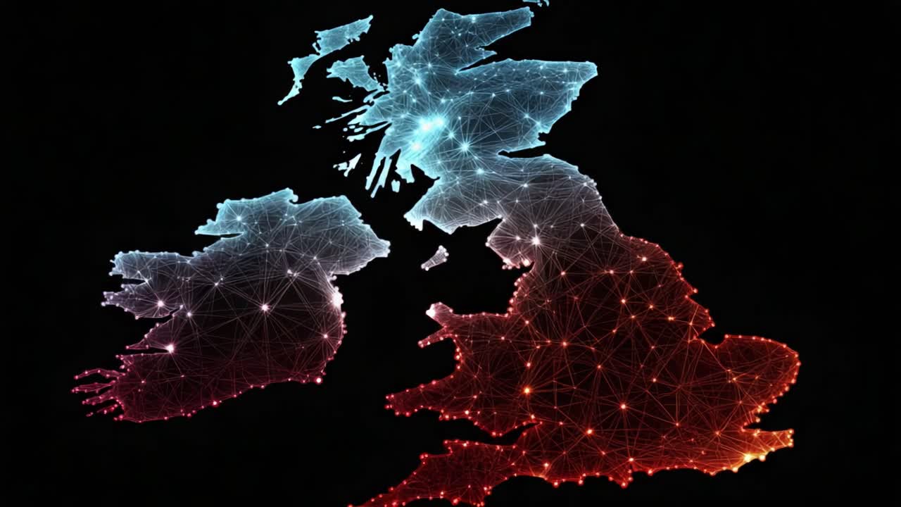 Abstract Visualization of the United Kingdom and Ireland with a Network of Interconnected Nodes Representing Digital Connectivity and Data Flow