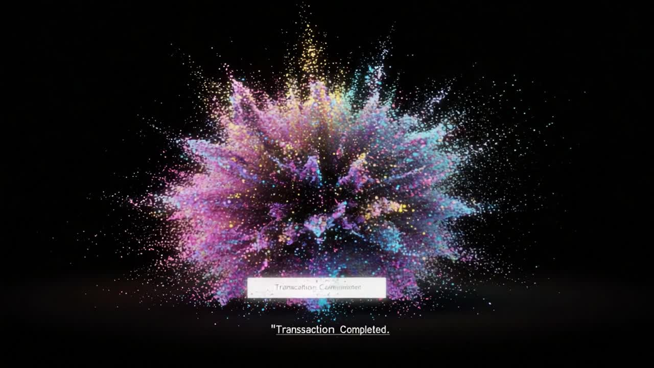 A Spectacular Display of Colorful Particles Exploding in an Artistic Burst Representing Digital Success with the Message 'Transaction Completed'