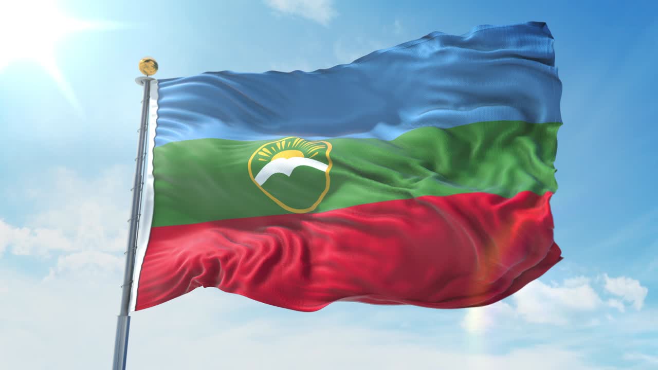 la bandera de karachay ondeando en el viento contra el cielo azul profundo. tema nacional, concepto internacional. renderizado 3d en bucle sin costuras 4k