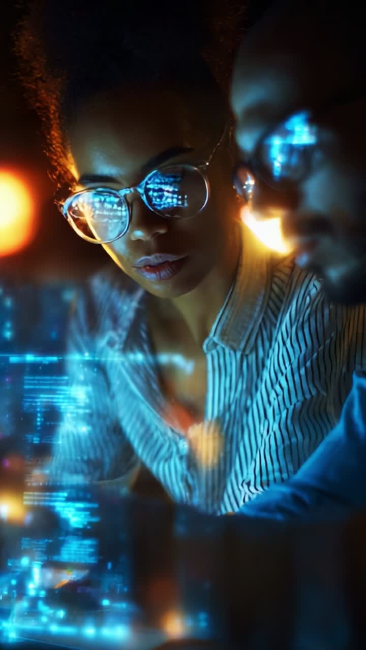 Persone concentrate che analizzano dati sugli schermi in un ambiente buio, con indosso occhiali, che mostrano tecnologia moderna e collaborazione in uno spazio di lavoro digitale