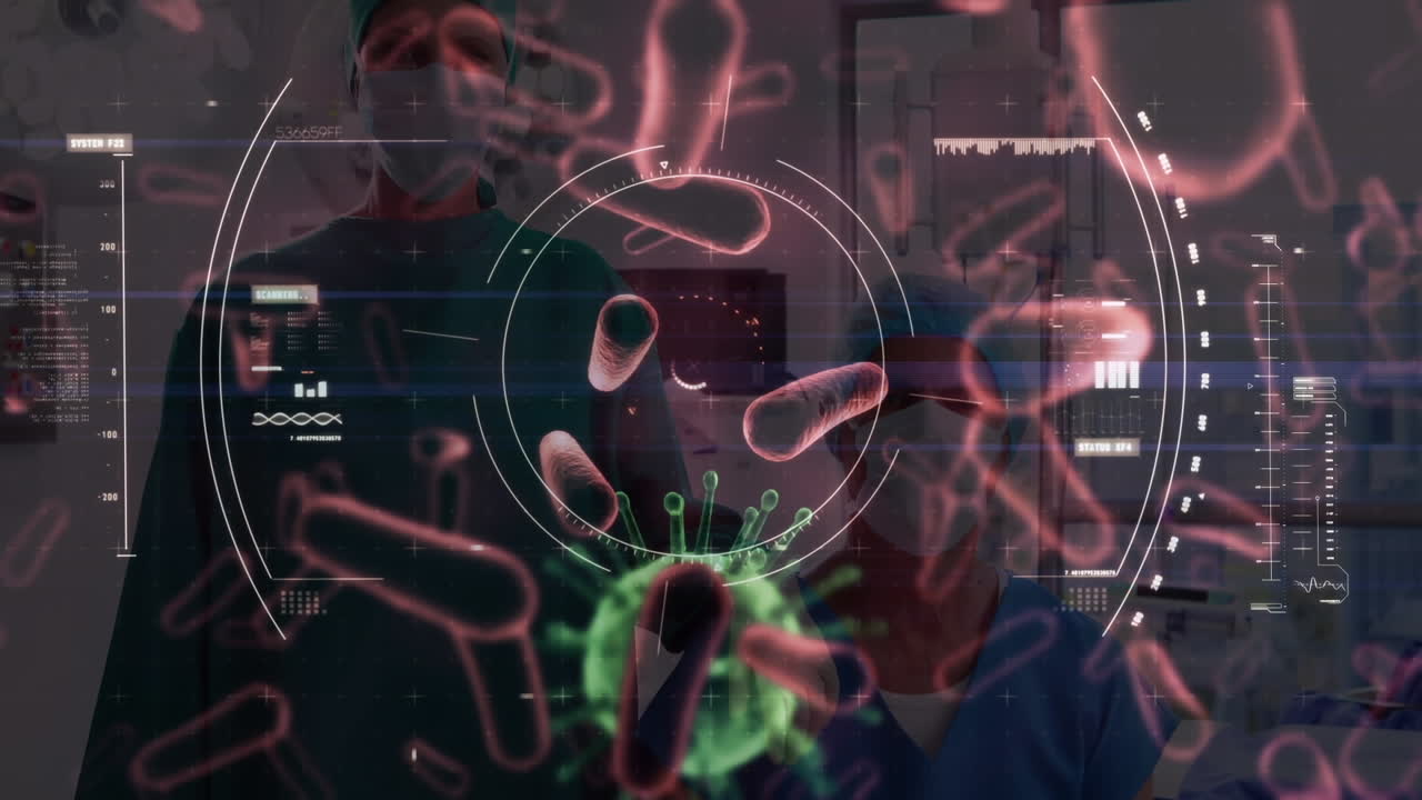 animación de células de covid-19 flotando sobre el escaneo del alcance y cirujanos con máscaras faciales