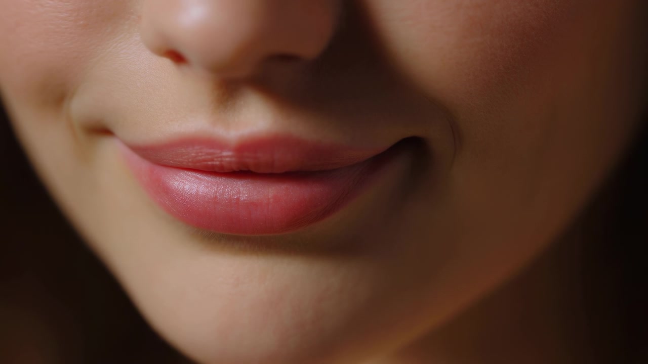 Soft Smile With Pink Lips, Caucasian Model Showing Natural Lipstick Finish, Smooth Skin Texture, Warm Studio