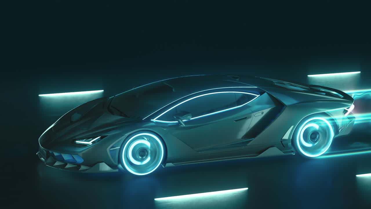 스포츠 사이버 네온 자동차는 네온 조명으로 야간 도로에 서두릅니다.