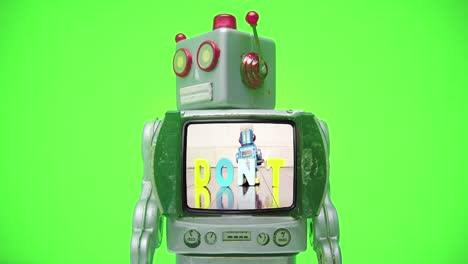 a retro robot with a spinning head and a message