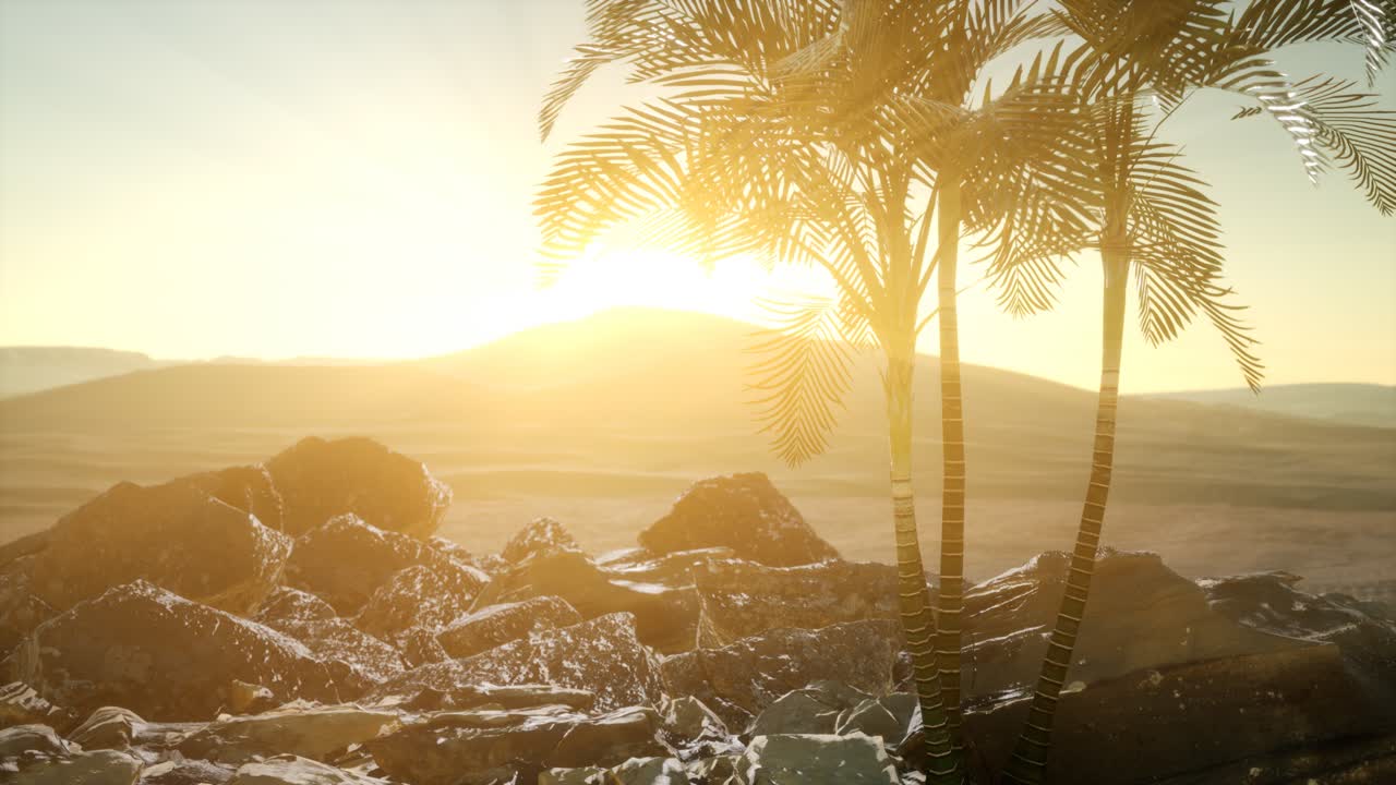 해가 지면서 사막에 있는  ⁇ 나무