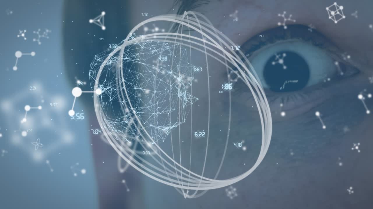 女性の目に重ねた落下する分子のアニメーション