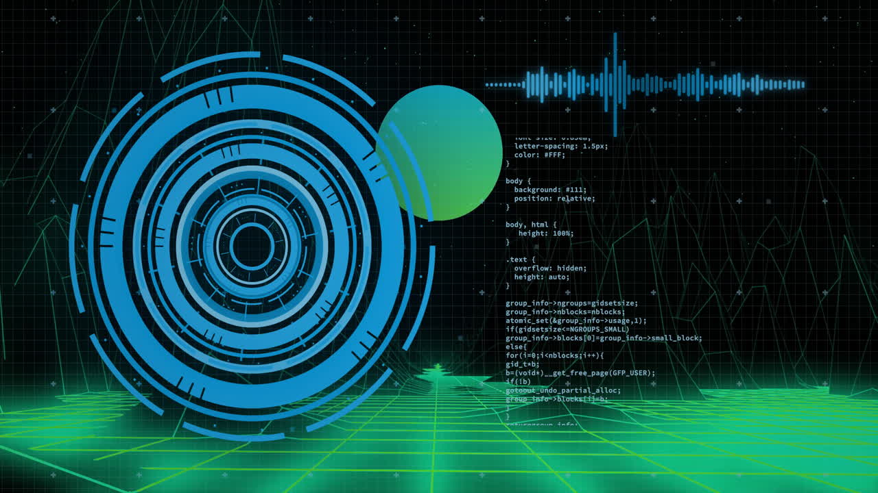 Animation of futuristic digital interface with circular patterns and sound wave grid