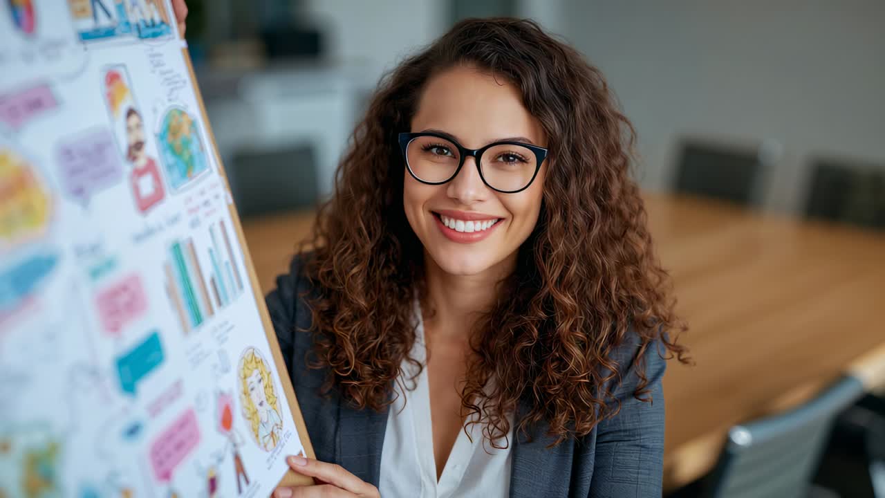 Presenting woman starting holding flip chart, explaining concepts, pausing, gesturing in boardroom