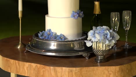 elegant two-tiered wedding cake with blue hydrangeas