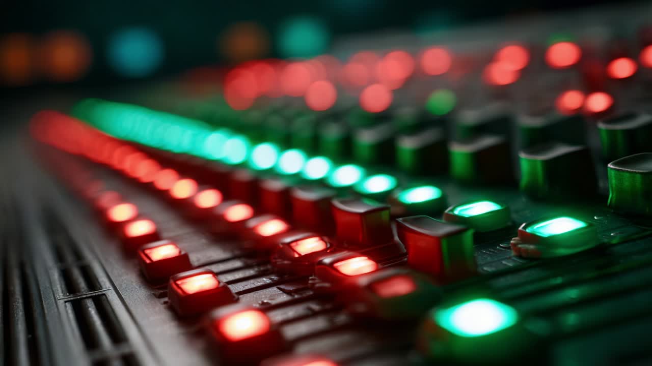 A close-up view of a colorful audio mixing console showcasing the vibrant red and green indicator lights that signal active channels, creating a dynamic visual of modern sound engineering in action