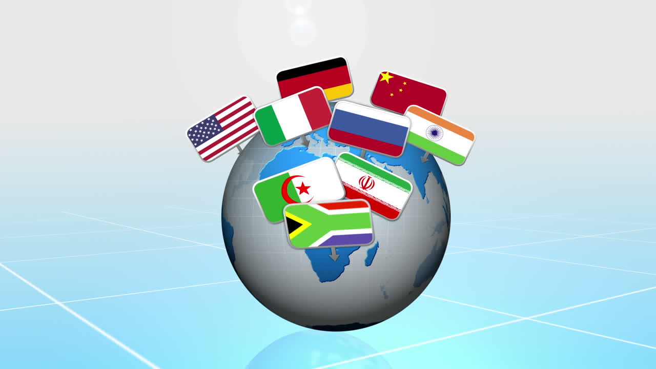 푸른 바탕에 국가 발이 회전하는 지구