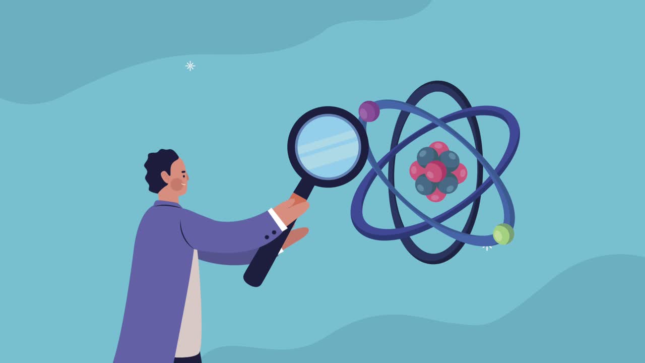 scientist with atom and magnifying glass