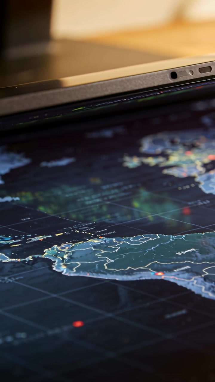 Vertical video: Panning camera revealing tablet map display on desk, showing ports, red markers