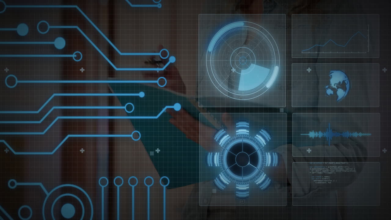 Teenage girl holding tablet in tech workspace, exploring HUD graph, circuit and radar overlays