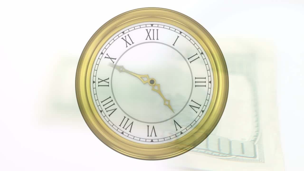 미국 달러 통화 지폐 위 에서 시계 가 뛰고 있는 애니메이션