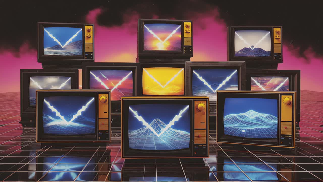 Footage of stacked vintage CRT televisions displaying colorful synthwave mountain and sunset scenes on a neon grid floor, futuristic retro media background concept