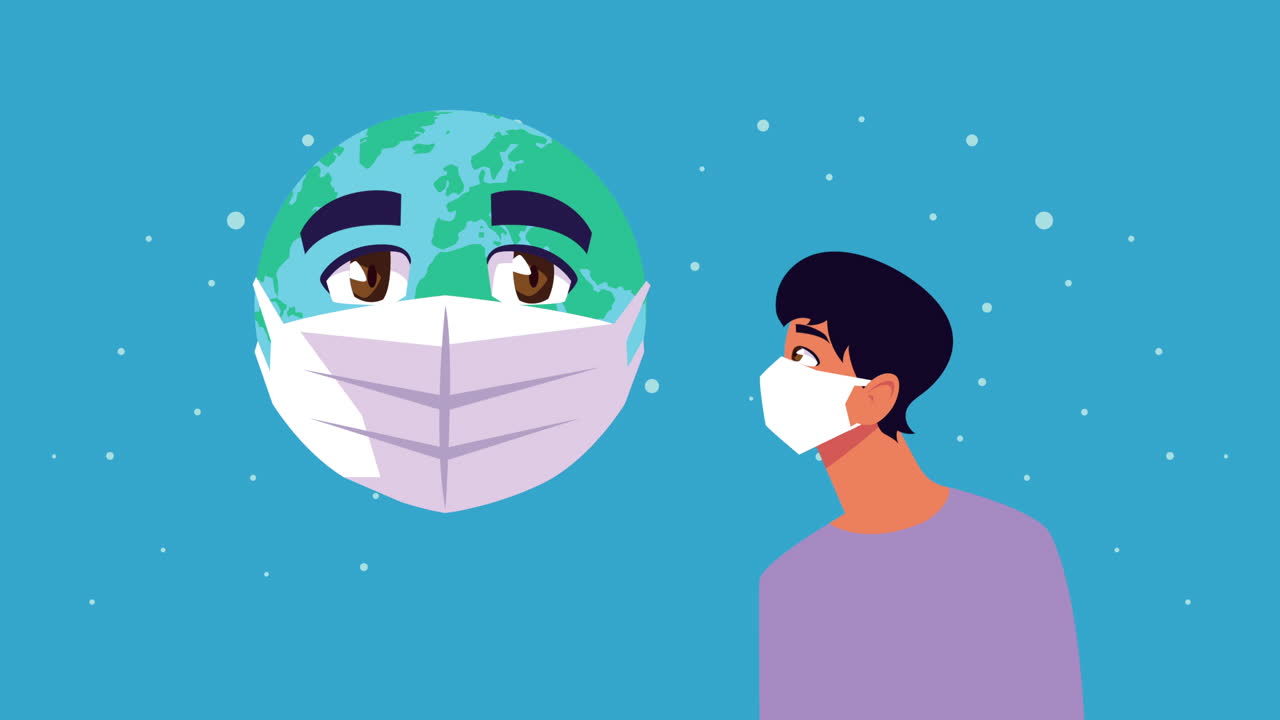 젊은이와 지구 행성은 코로나19를 위해 얼굴 마스크를 사용합니다.