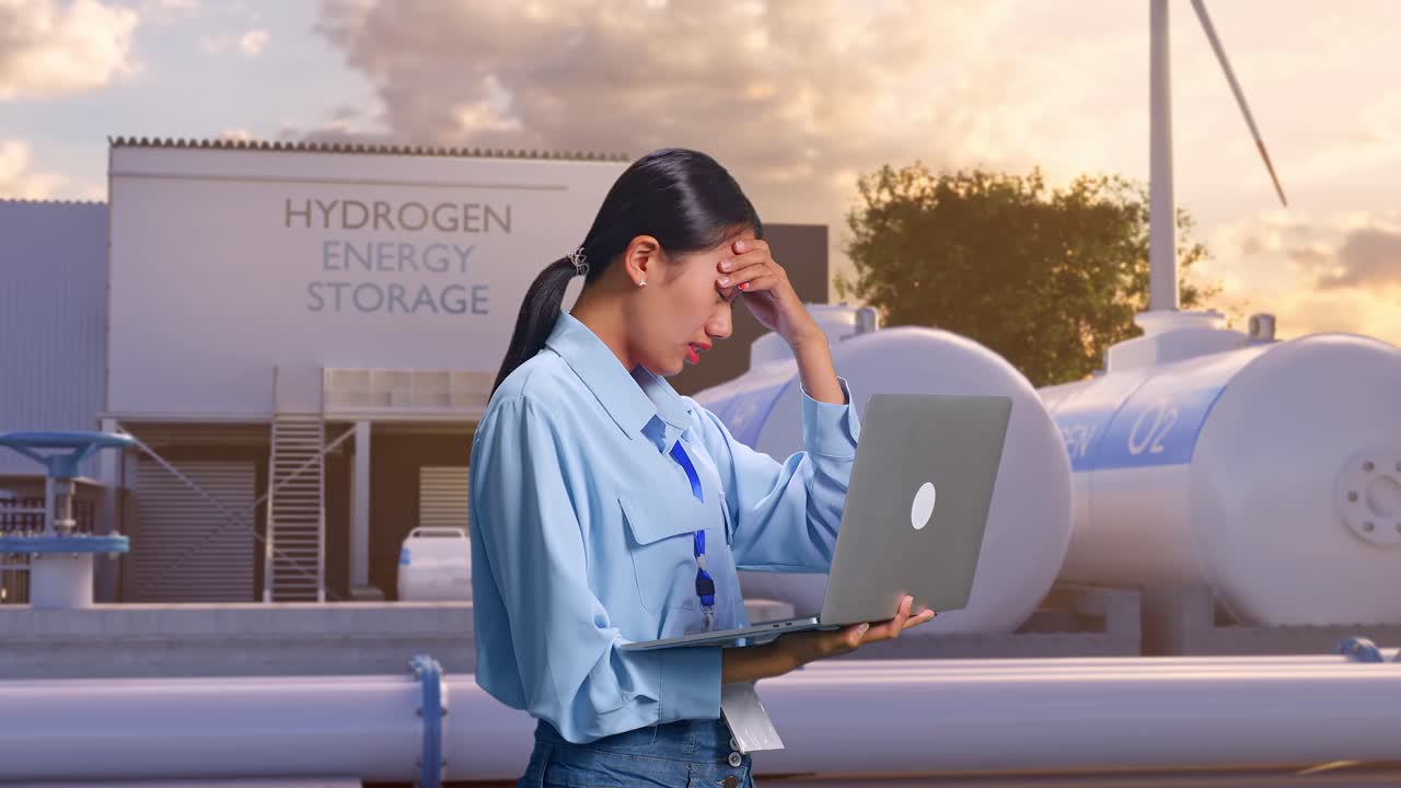 아시아 여성 직업 노동자가 초록색 수소 공장에서 노트북을 사용하고 있으며, 하이테크 산업 시설에서 그녀는 실망스럽게 머리를 흔들고 있습니다.
