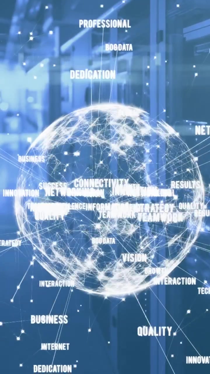 Animation of globe with business texts over server room