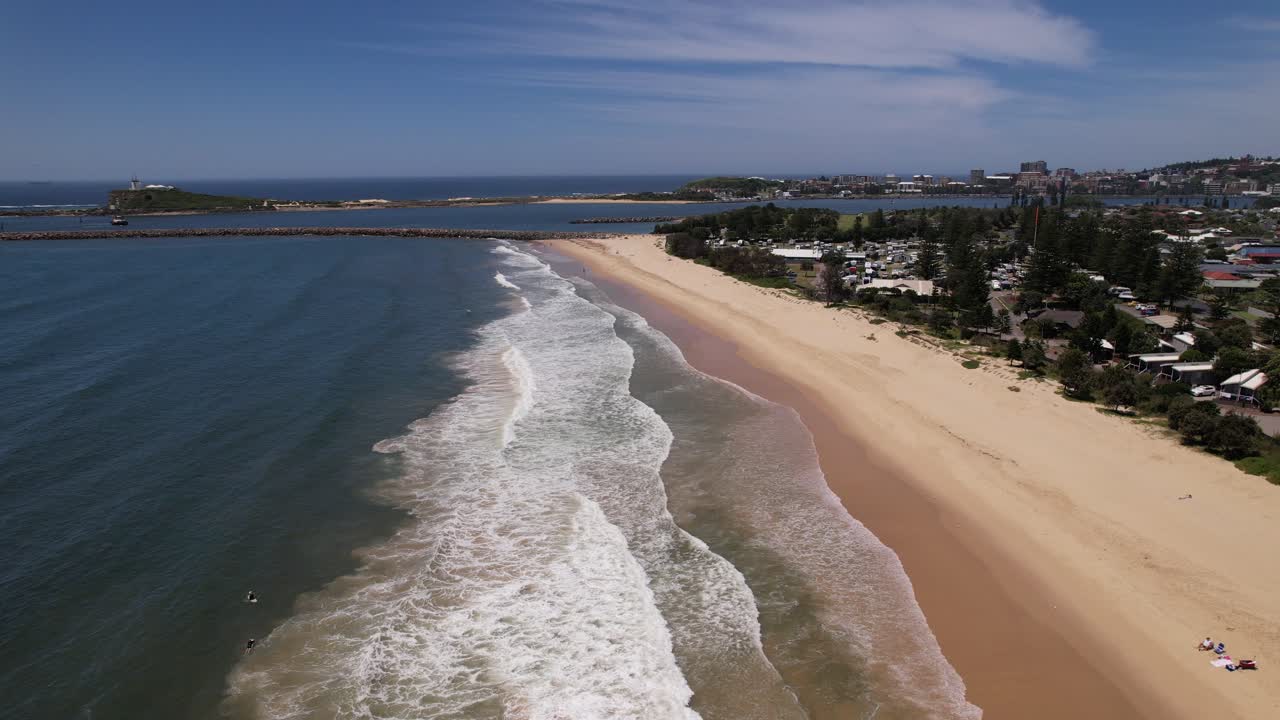 Foamy Waves Splashing At Stockton Beach In New South Wales, Australia - Aerial Shot