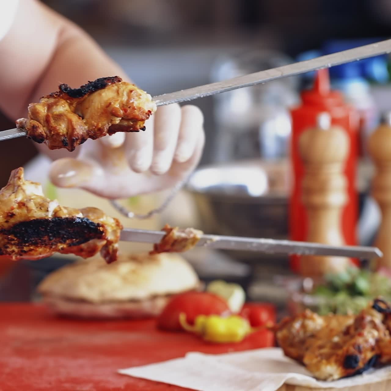 Chef puts ready barbeque. Cook takes roasted juicy meat from skewers and puts on a dish. Tasty shashlik ready to eat in the restaurant.