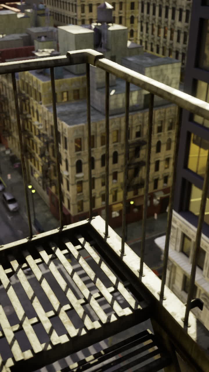 City balcony view overlooking bustling urban street and buildings