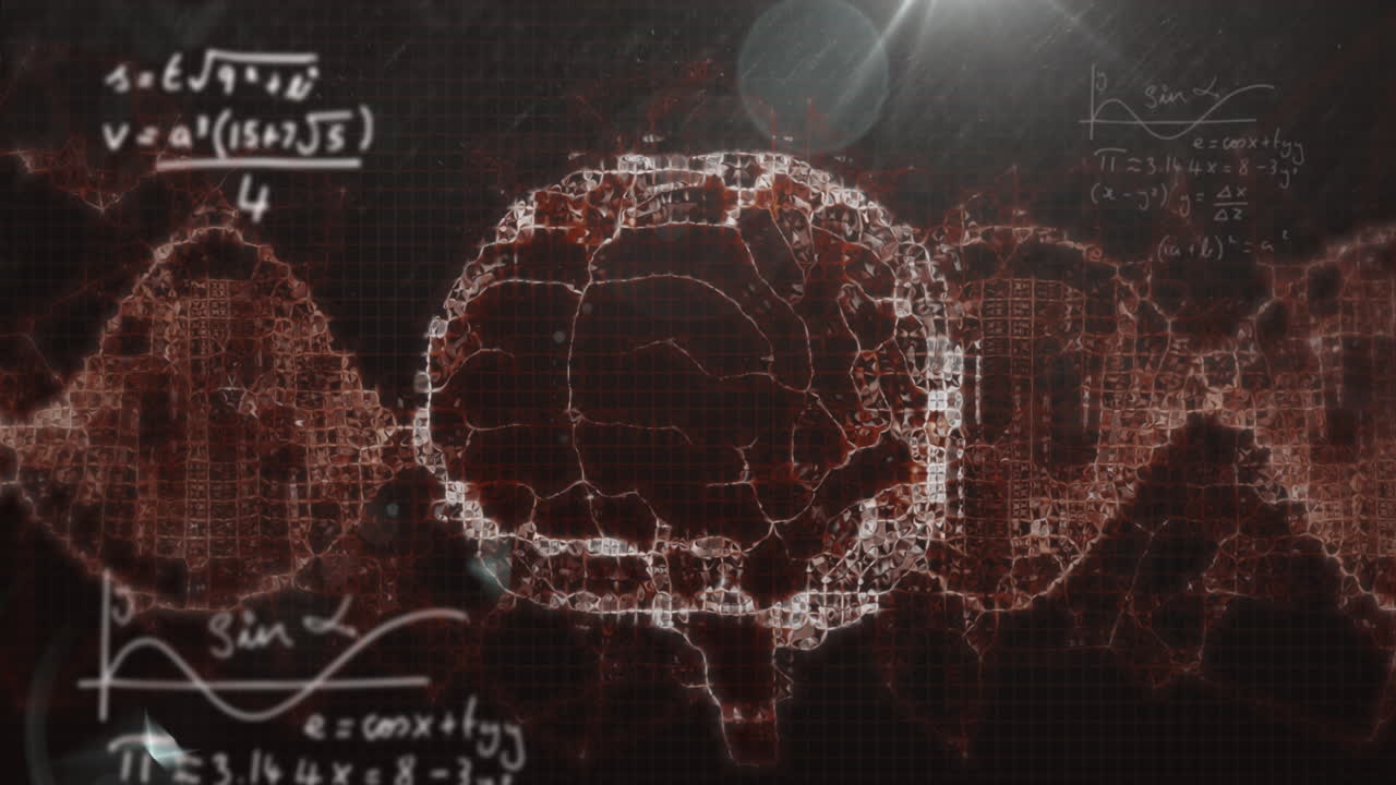 수학적 방정식의 애니메이션, 회전하는 인간 뇌 아이콘 위의 빛의 점과 디지털 파동