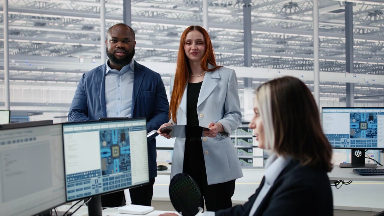 Diverse Business Team Collaborating in Modern High-Tech Office