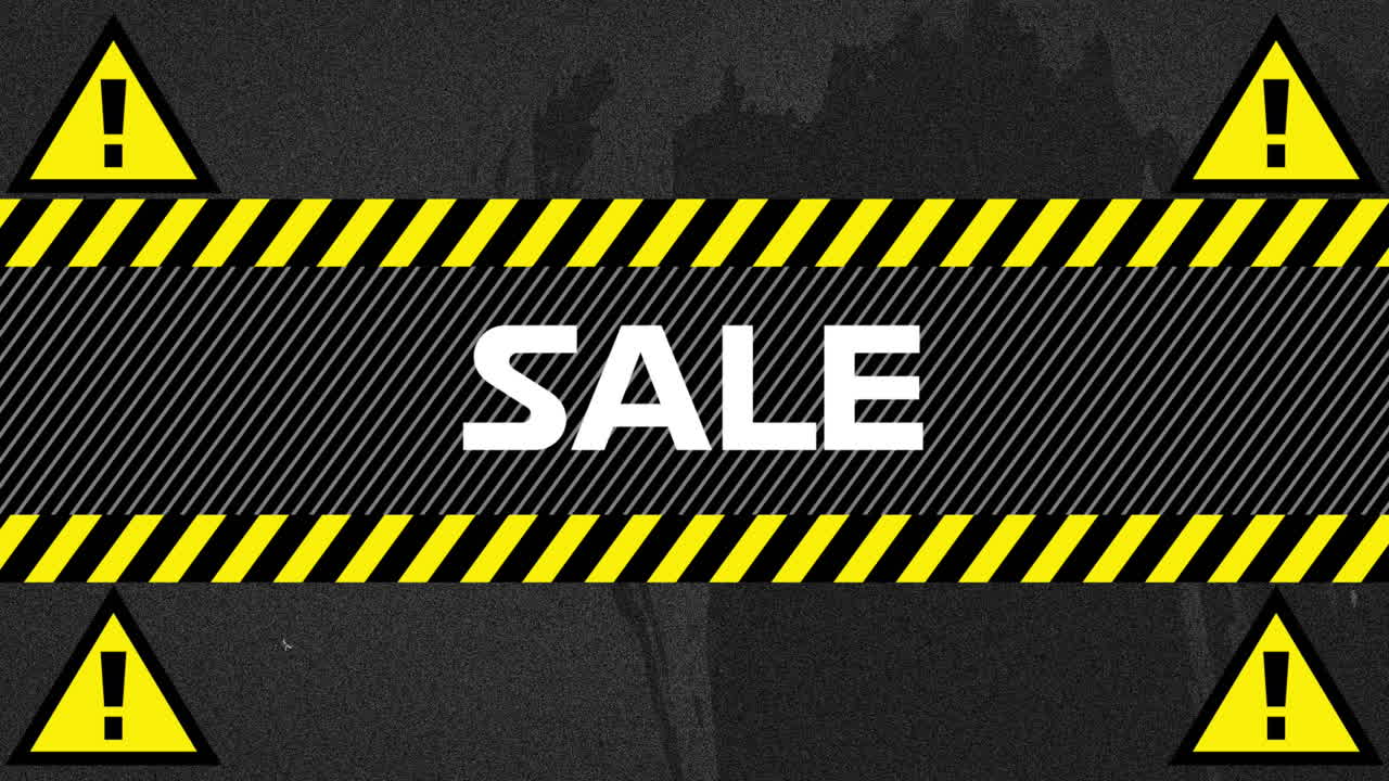 경고 노란색과 검은색 테이프와 경고 삼각형 위에  ⁇ 색으로 판매 텍스트의 애니메이션