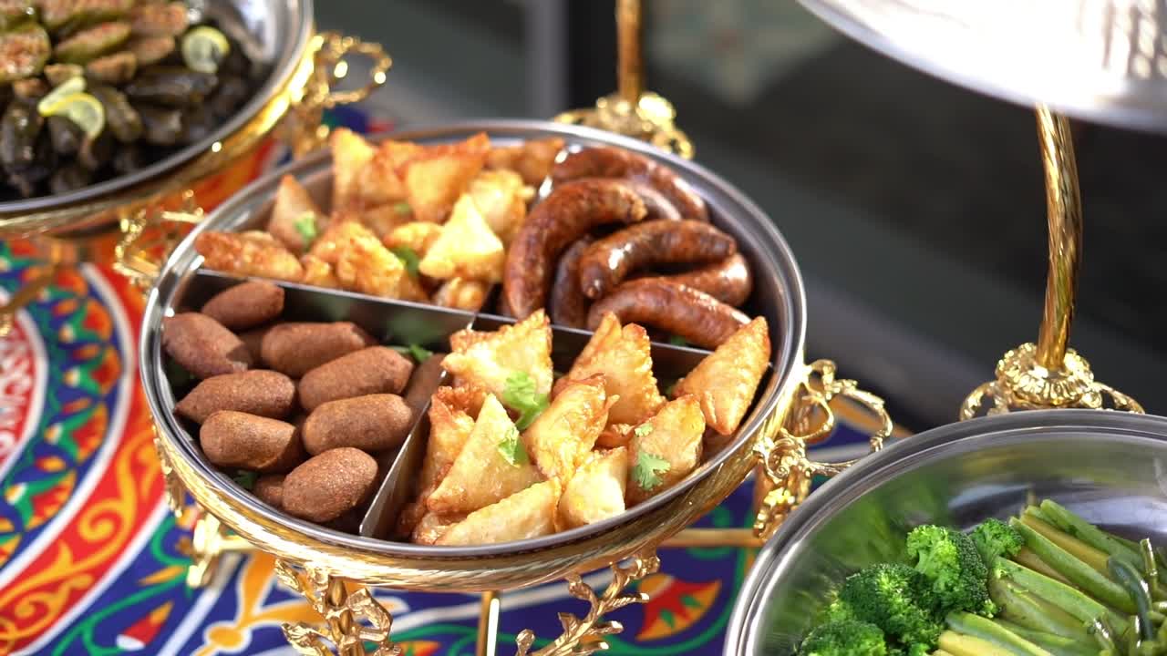 View of food in open buffet, close up shot, high angle shot