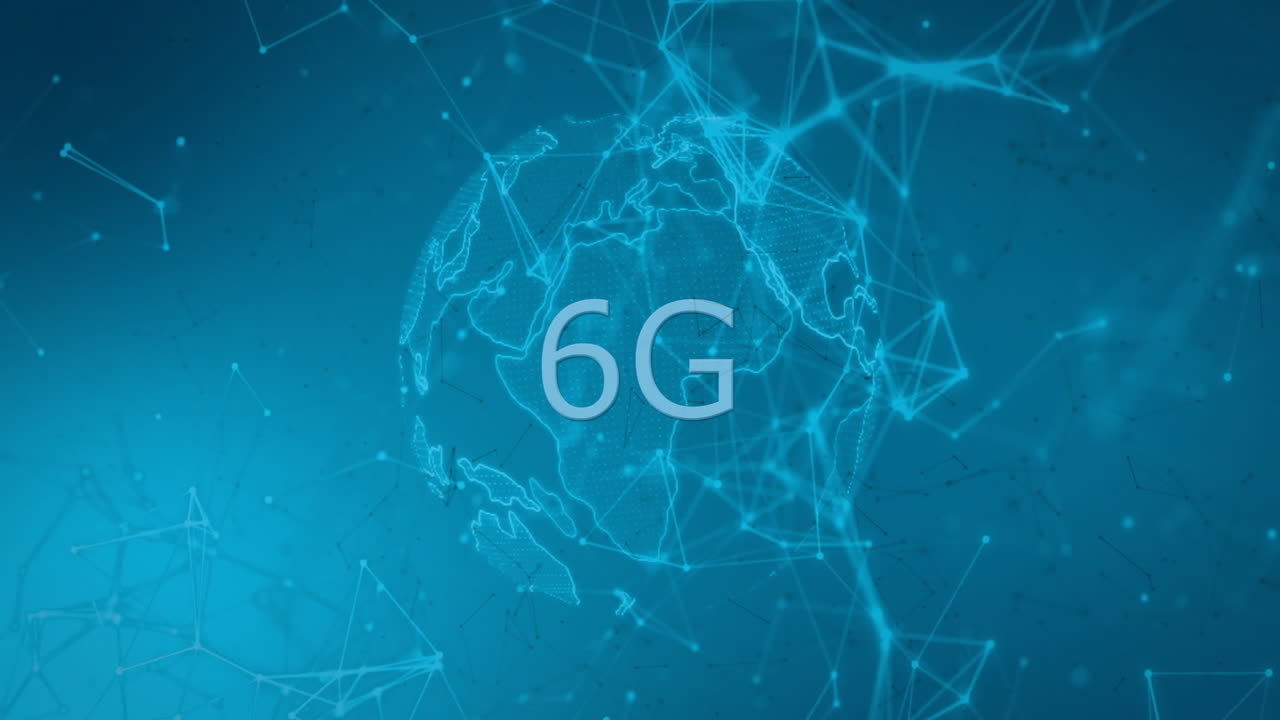 Animation of 6g text, network of connections and data processing over globe on blue background