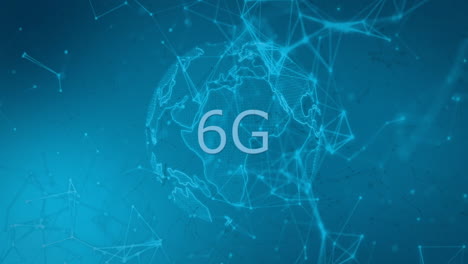animation of 6g text, network of connections and data processing over globe on blue background