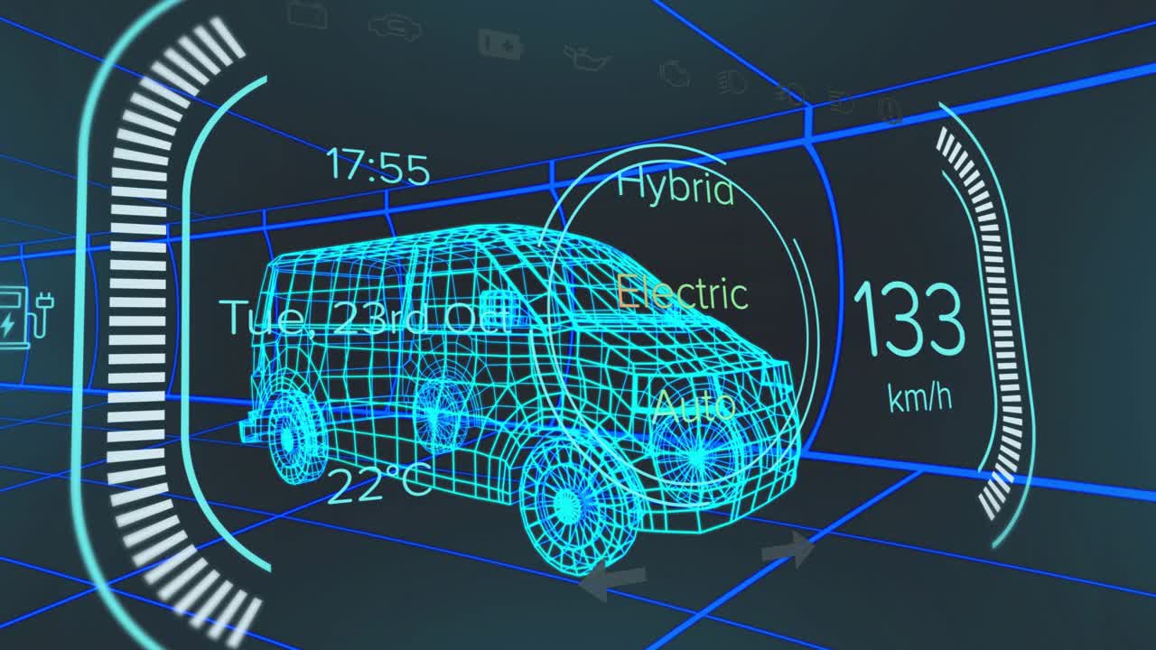 Modello wireframe di furgone elettrico che si anima all'interno di una griglia 3D blu neon, mostrando indicatori curvi e icone.