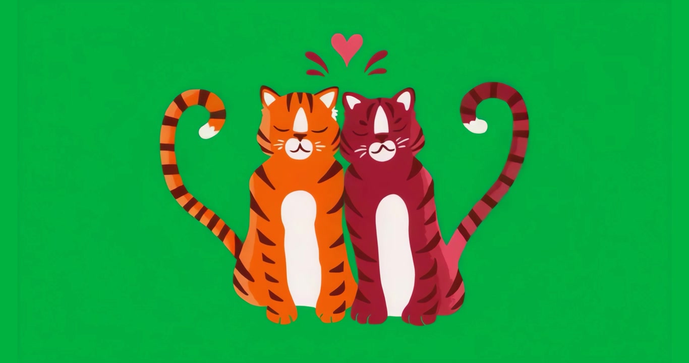 Cuore che pulsa, gatti a strisce arancioni e marroni che si muovono verso l'interno, unendo le code su tela trasparente