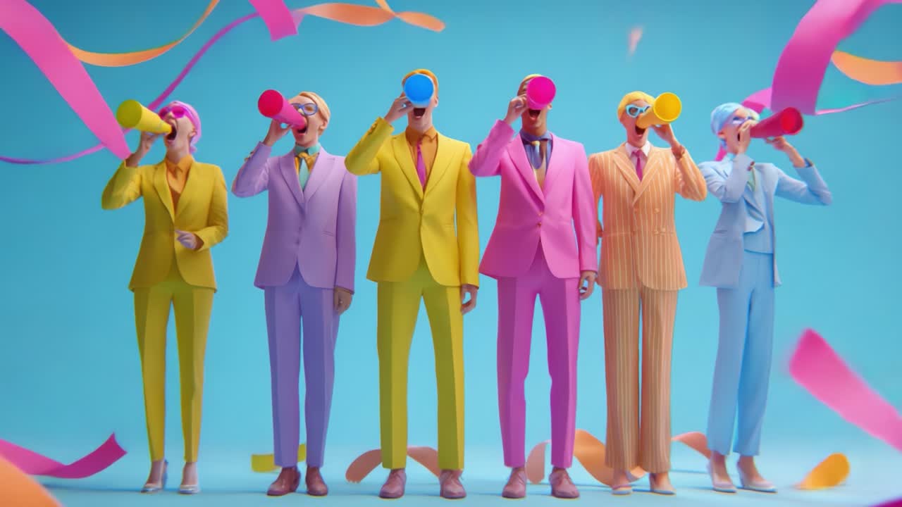 Vibrant Celebration: A Group of Fashionably Dressed Individuals in Colorful Suits Joyfully Enjoying Beverages Against a Bright Blue Background Filled with Colorful Ribbon Décor