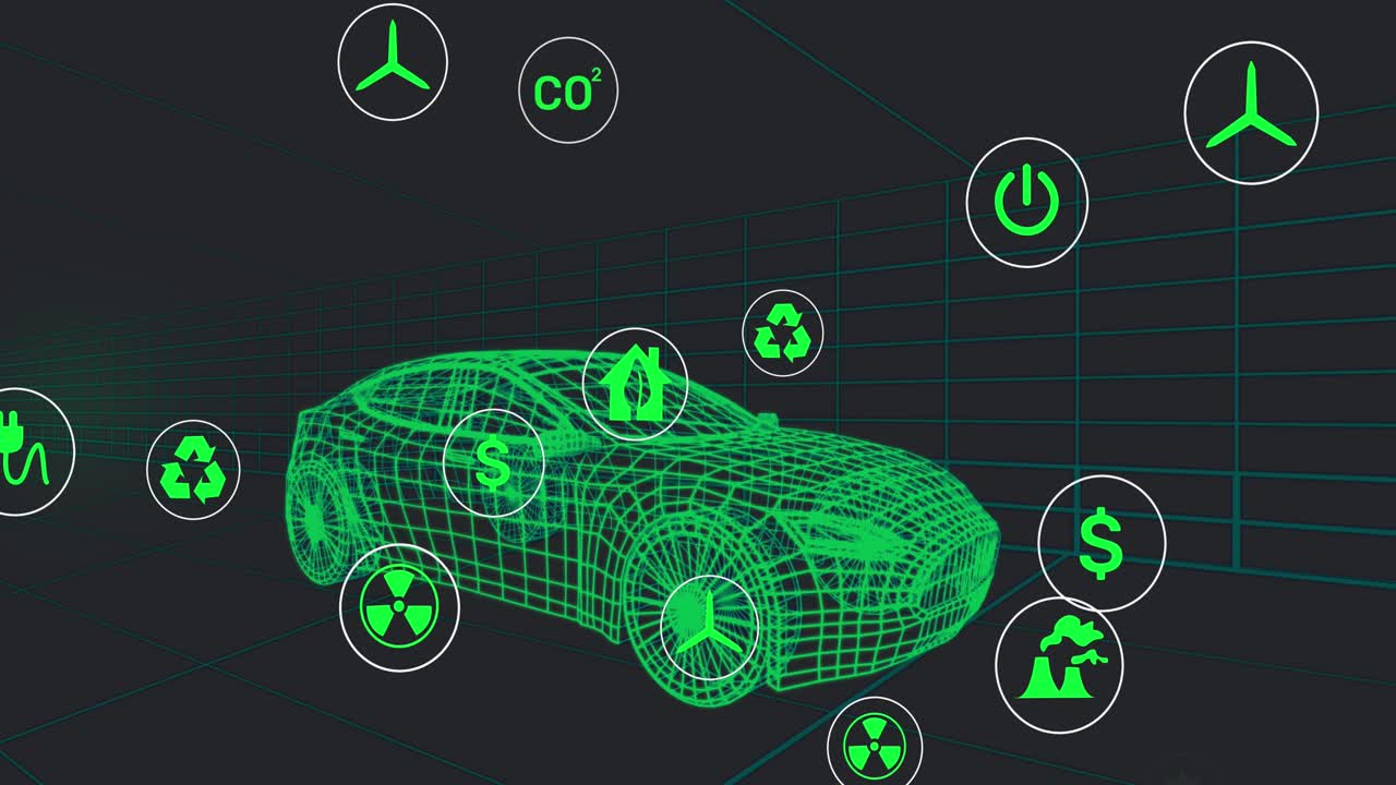 Animazione di molteplici icone digitali fluttuanti su modello di auto 3D che si muove in un pattern continuo in un tunnel