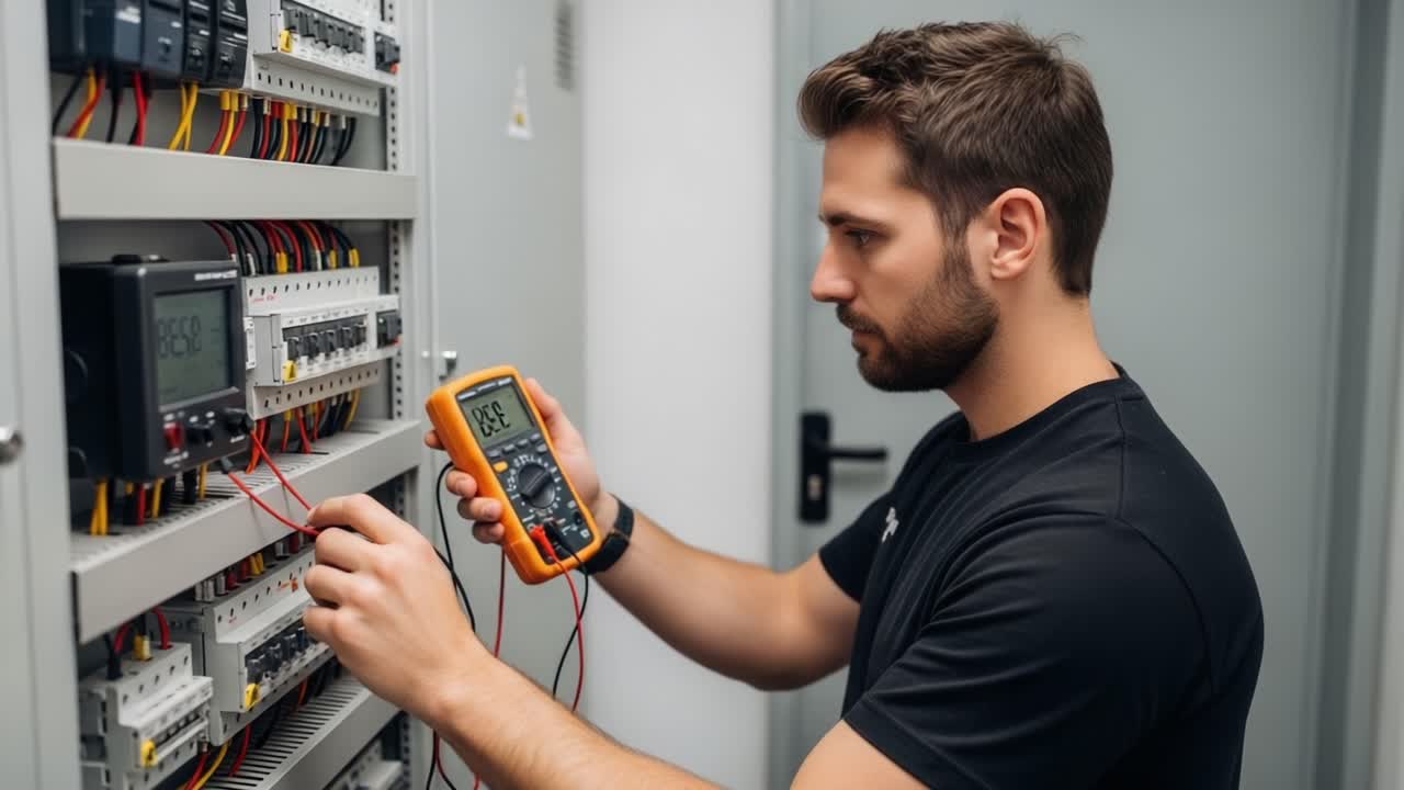 An Electrical Technician Conducts Testing and Diagnostics on Circuitry Using a Multimeter, Ensuring Power Systems Function Correctly and Safely in a Control Panel Environment