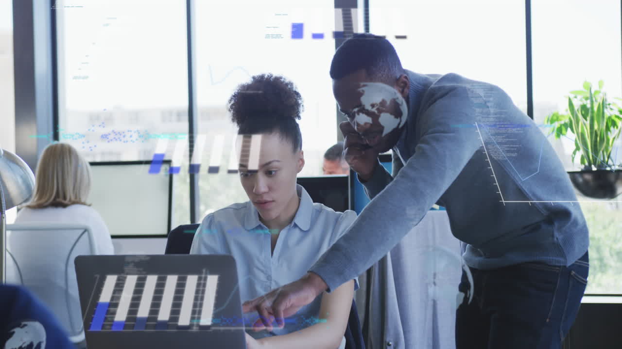 Animation of statistical data processing against diverse man and woman discussing at office