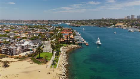 aerial view of west jetty view park and the channel in newport beach california