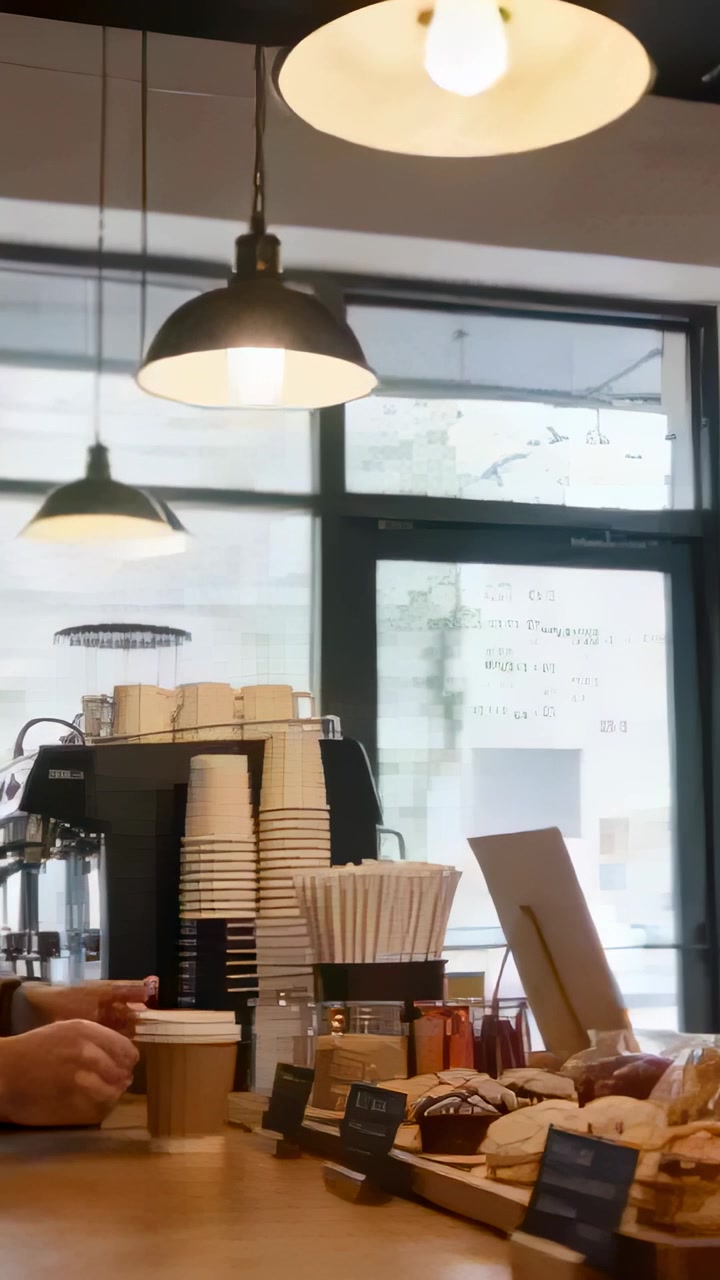 Video verticale: Barista in un caffè che sistema una lampada, prende una tazza e serve pasticcini, indossando una maglia a maniche lunghe