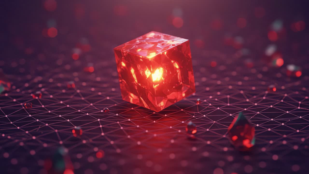 Luminous Red Cube on Digital Network Grid