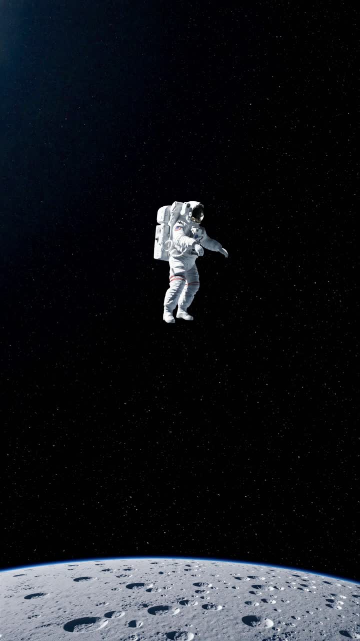 Astronaut floating in space above the moon, captured from a low-angle perspective