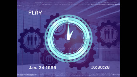 Animación-Del-Efecto-De-Falla-De-Vhs-Sobre-El-Reloj-De-Neón-Contra-Múltiples-íconos-Digitales