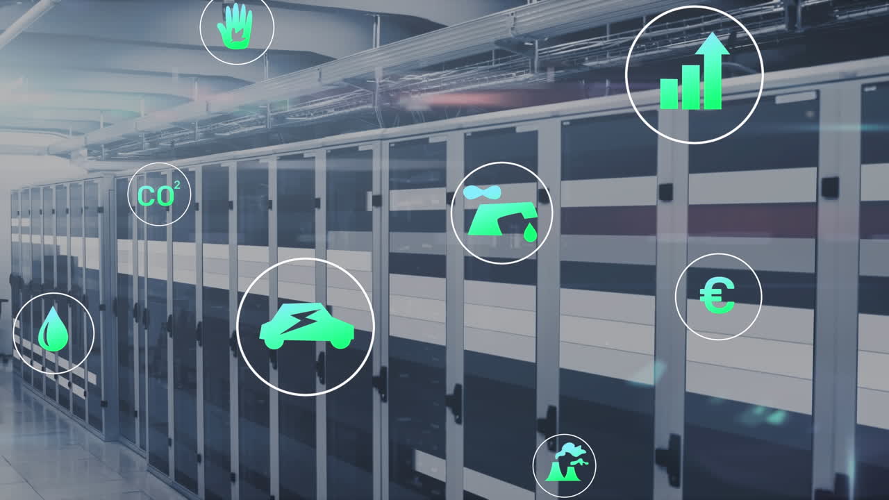 animación de múltiples iconos sobre barras móviles en los racks de servidores de datos en la sala de servidores