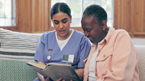 elderly, woman or nurse with book for reading