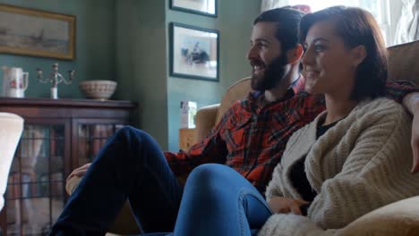 couple sitting on sofa watching television