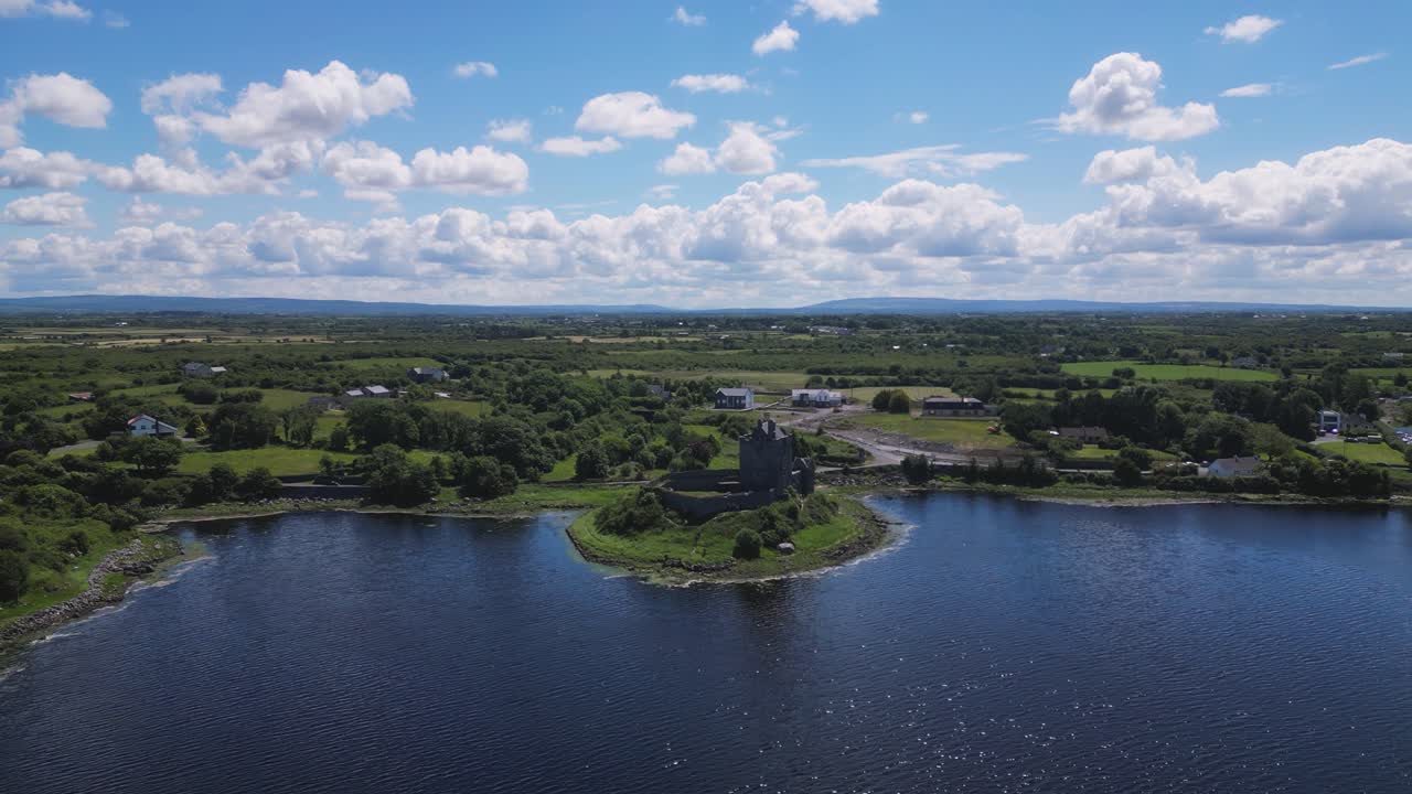 aerial dolly view of Dunguaire Castle in the Galway shore, a famous travel destination in Ireland - County Galway