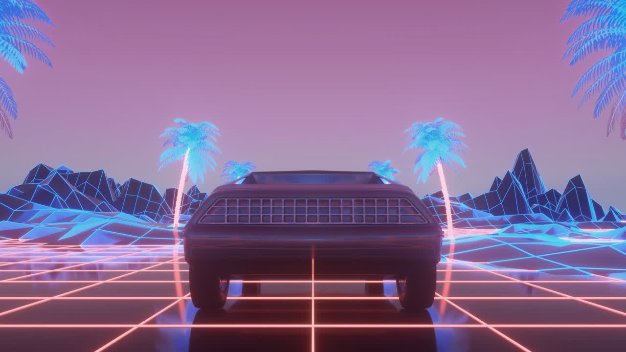 Car in neon cyberpunk style. Retro futuristic car drive through neon city