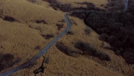 Aerial-shot-of-a-winding-road-through-dry-grassy-hills,-no-vehicles-in-sight,-serene-landscape